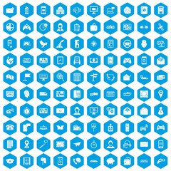 100 telephone icons set in blue hexagon isolated vector illustration