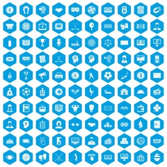 100 totalizator icons set in blue hexagon isolated vector illustration