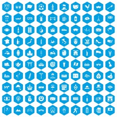 100 tourist attractions icons set in blue hexagon isolated vector illustration