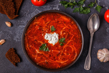 Ukrainian and russian traditional red soup - borsch.