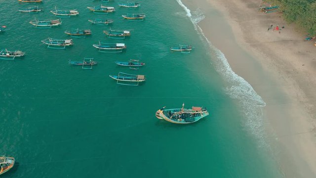 Indonesia traditional fishing boats docked in shores after fishing an aerial view, Papuma beach Jember