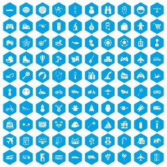 100 toys for kids icons set in blue hexagon isolated vector illustration