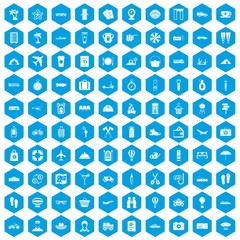 100 travel time icons set in blue hexagon isolated vector illustration