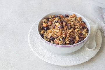 Homemade granola with oatmeal, dried fruits and nuts 