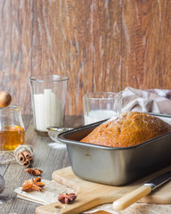 Spicy honey cake with sugar powder served on rustic background. Honey cake for Rosh Hashanah.