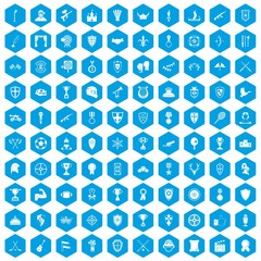 Fototapeta na wymiar 100 trophy and awards icons set in blue hexagon isolated vector illustration