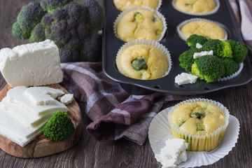 Homemade muffins with broccoli and cheese on wooden background. Healthy snack.