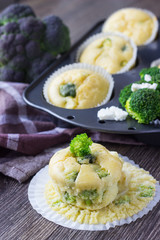 Homemade muffins with broccoli and cheese on wooden background. Healthy snack.
