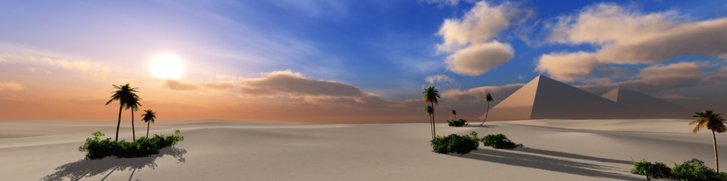 Panorama of the desert of sand at sunset. Pyramids in the desert at sunset.
3D rendering
