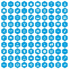 100 victory icons set in blue hexagon isolated vector illustration