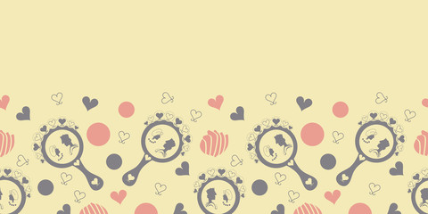 Retro Couple in Mirror of Hearts-Spa in the Country.Horizontal Border Seamless Repeat Pattern