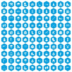 100 winter icons set in blue hexagon isolated vector illustration