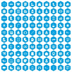 Fototapeta na wymiar 100 winter shopping icons set in blue hexagon isolated vector illustration