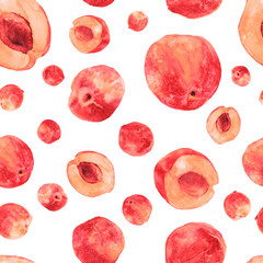 Watercolor seamless pattern with whole and cut peaches.