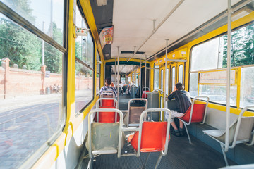 tram inside. passengers in urban transport