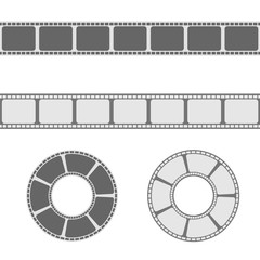 Strip film vector brush in grey tints with perforated cadres. Vintage movie frame. Video production symbol for borders, frames isolated on white background. Cinematography, premiere banners, posters.
