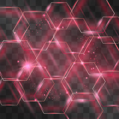 Glass hexagon neon red alarm honeycombs cluster with scarlet flares and hazy lights on transparent background. Modern hi tech style vector geometric backdrop. Crystal futuristic structures.
