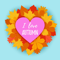 Autumn flyer colorful template with bright october leaves, heart shape and text. Poster, banner seasonal design.