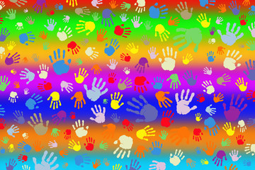 Fototapeta na wymiar Background of many color prints of hands on a rainbow background