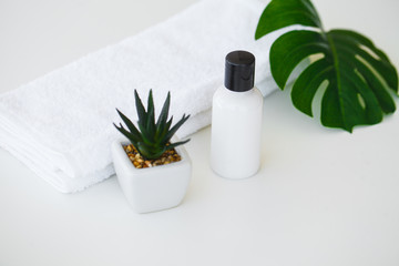 Naklejka na ściany i meble Spa. Natural domestic products for skincare. Personal Hygiene Items With Decorative Sprigs on a White Wooden Background