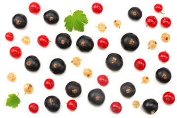 mix of red currant and black currant with green leaf isolated on a white background. healthy food. top view