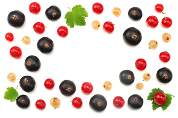 mix of red currant and black currant with green leaf isolated on a white background. healthy food. top view