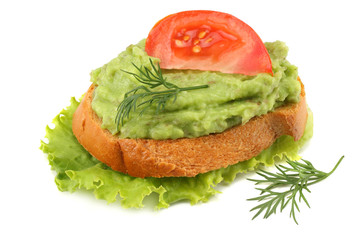sandwich with avocado cream isolated on white background. Healthy food