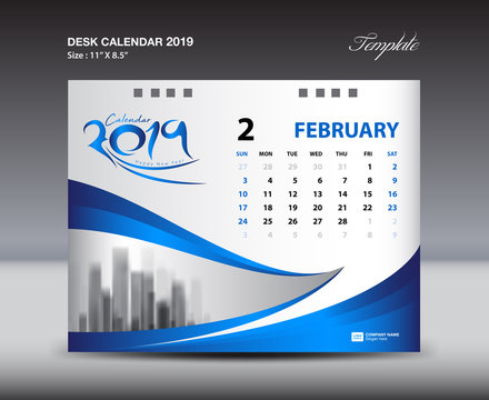 FEBRUARY Desk Calendar 2019 Template, Week starts Sunday, Stationery design, flyer design vector, printing media creative idea design, blue background