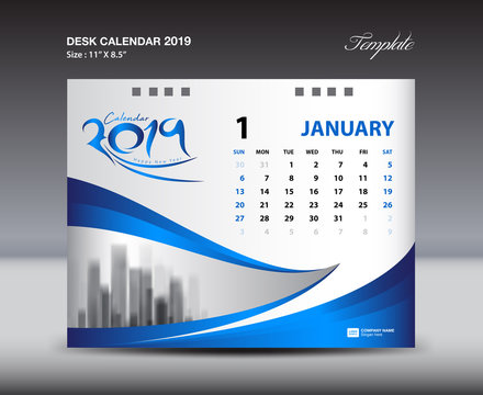 January Desk Calendar 2019 Template, Week starts Sunday, Stationery design, flyer design vector, printing media creative idea design, blue background