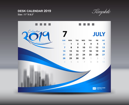 JULY Desk Calendar 2019 Template, Week starts Sunday, Stationery design, flyer design vector, printing media creative idea design, blue background