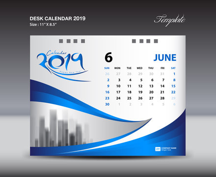 JUNE Desk Calendar 2019 Template, Week starts Sunday, Stationery design, flyer design vector, printing media creative idea design, blue background