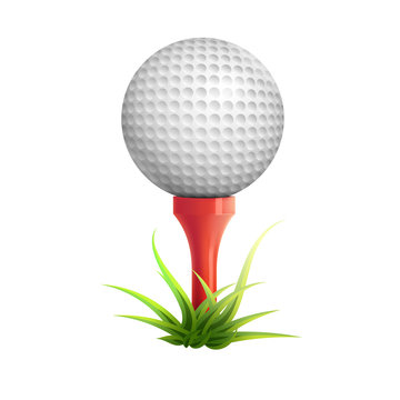 Golf ball on red tee and grass