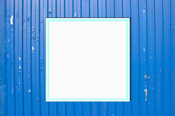 Blue metal fence background. Photo Frame Mock Up. Empty space for text design and message 