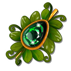 Vintage brooch with floral ornament and precious stone emerald isolated on white background. Vector close-up cartoon illustration.