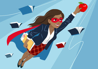 Young woman in cape and mask flying through air in superhero pose, looking confident and happy, holding an apple and folder with papers, open books around. Teacher, student, education learning concept