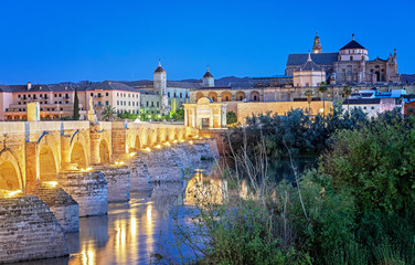 Roman Bridge and Guadalquivir river, Great Mosque, Cordoba, Spain in dusk