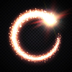 Golden comet tail frame on transparent background. Magic swirl with glitter particles. Bright gold texture comet with dust gas sparkling trail. Cosmic light flash. Galactic nebula vector illustration. © julkirio