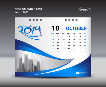 OCTOBER Desk Calendar 2019 Template, Week starts Sunday, Stationery design, flyer design vector, printing media creative idea design, blue background