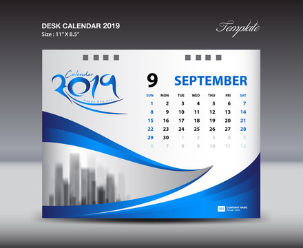 SEPTEMBER Desk Calendar 2019 Template, Week starts Sunday, Stationery design, flyer design vector, printing media creative idea design, blue background
