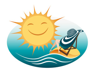 Summer holidays vector illustration. Woman sunbathing on the beach under big sun hat. Happy summertime relaxation