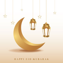 Ramadan mubarak background. Happy eid mubarak greeting card design with half moon and lantern vector illustration. Lantern and half moon realistic illustration. Lantern illustration with golden color.