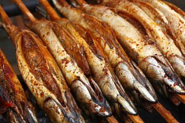 Cooking bonito mackerel fish on grill