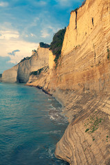 Sedimentary Rock Cliff at the sea, Limestone Natural Structure Coast, Mointain Chain of Layered Stone Formation along the Beach, High Shoreline Eroded Crag