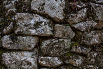 Cobblestone Rusty Wall With Moss and Branches, Pilled Rocks Structure with Roots and Dirt, Barrier of Stones with Irregular and Rough Edges, Mossy Natural Hard Brick Facade