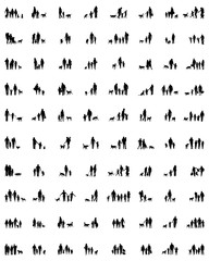 Black silhouettes of people with dog on a white  background 