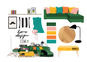 vector interior design illustration. furniture collection elements. mood board of interior design. material samples. home decor. living room design.