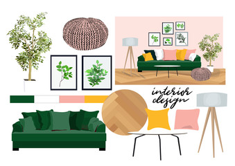 vector interior design illustration. furniture collection elements. mood board of interior design. material samples. home decor. living room design.