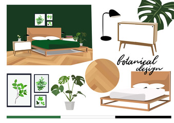 vector interior design illustration. furniture collection elements. mood board of interior design. material samples. home decor. bedroom elements.