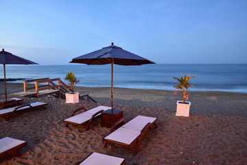 colorful summer beach umbrella on New England coast