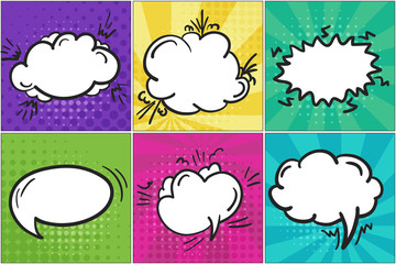 Set of colorful cartoon retro comic speech bubbles in pop art style. Bright hand drawn message balloons on stried background for comics book or advertising text, web design, banners